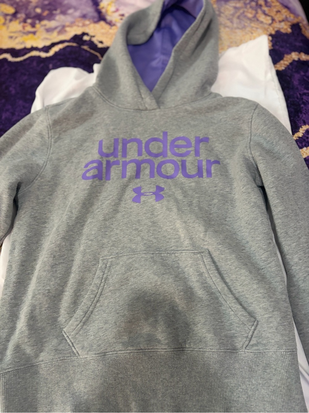Under Armour Gray Purple Logo Fleece Pullover Hoodie Women’s Size Small